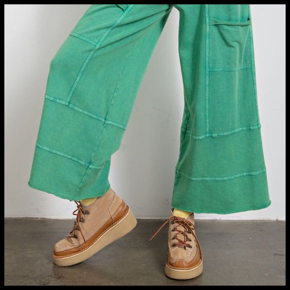 EASEL "Perfect Cargo" Terry Knit Mineral Washed Flared Leg Pants Raw Seams, Hems - Picture 12 of 15